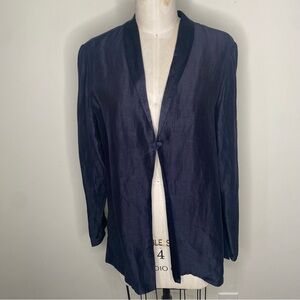 Eileen Fisher Linen Silk Long Sleeve Blazer Jacket S Navy Blue Minimalist